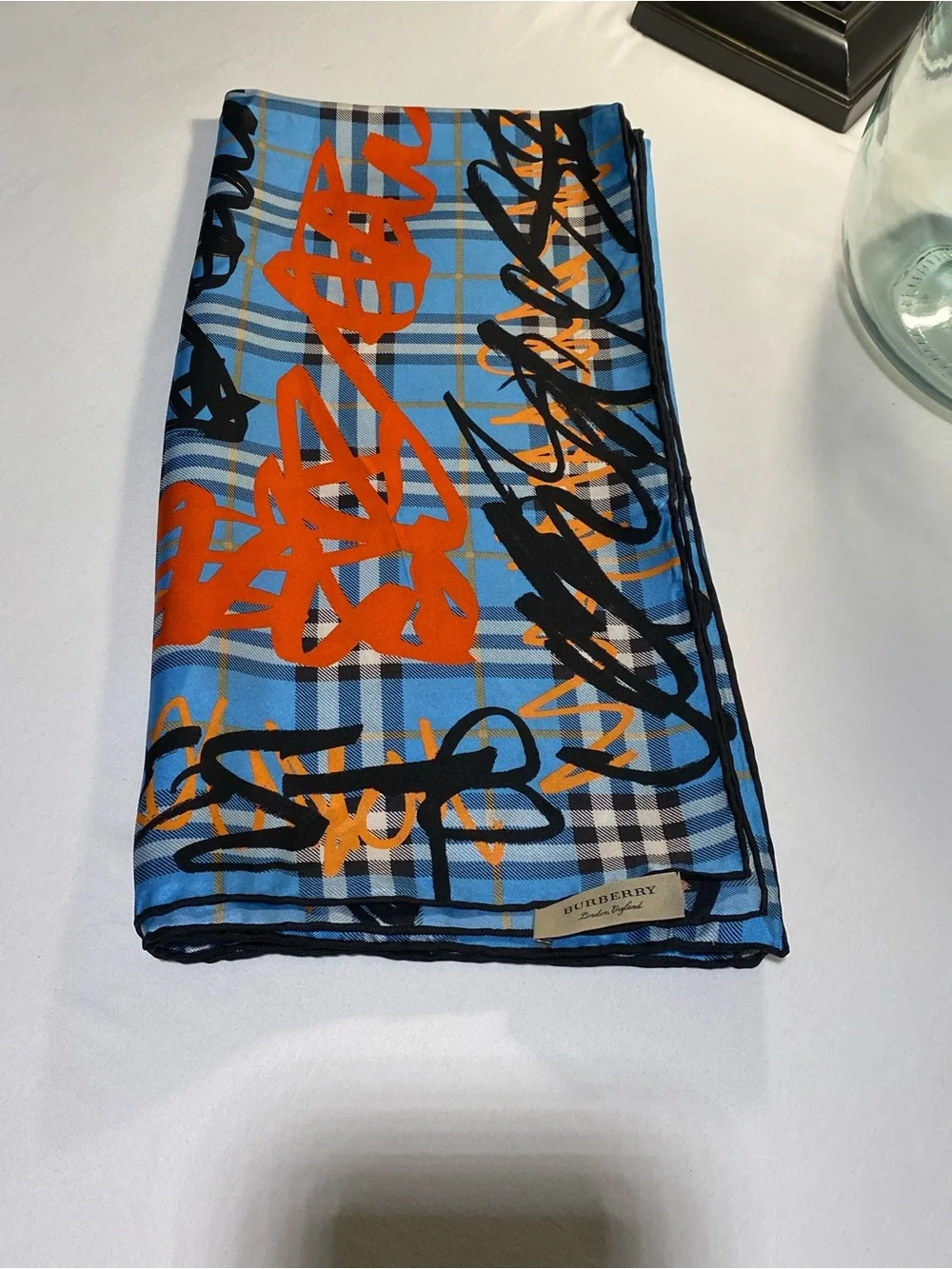 Burberry Blue and Orange Plaid Silk Scarf with Black Accents